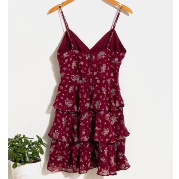 Burgundy Red Floral Print Tiered Ruffle Mini Dress - Picture 5 of 16